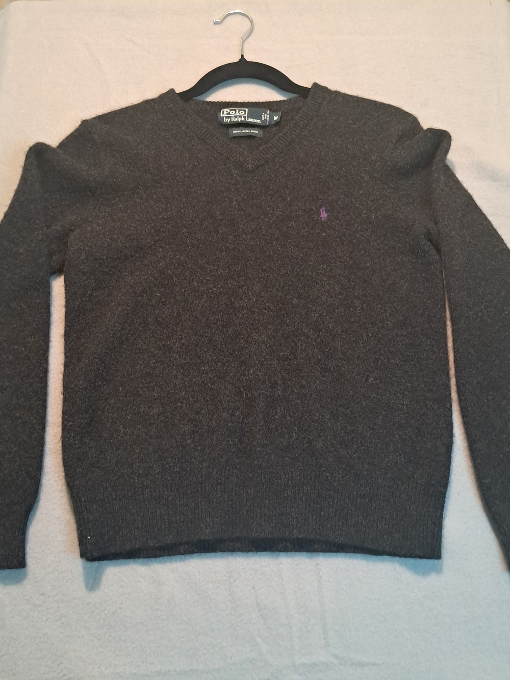 Polo by Ralph Lauren Charcoal V-Neck Sweater with Purple Pony